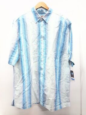 Centro Light Blue & White Vertical Stripe Short Sleeve Button-Down Shirt